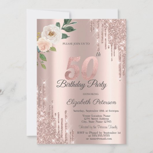 Rozen Glitter Drips Roos Gold 50e Verjaardag Kaart (Voorkant)