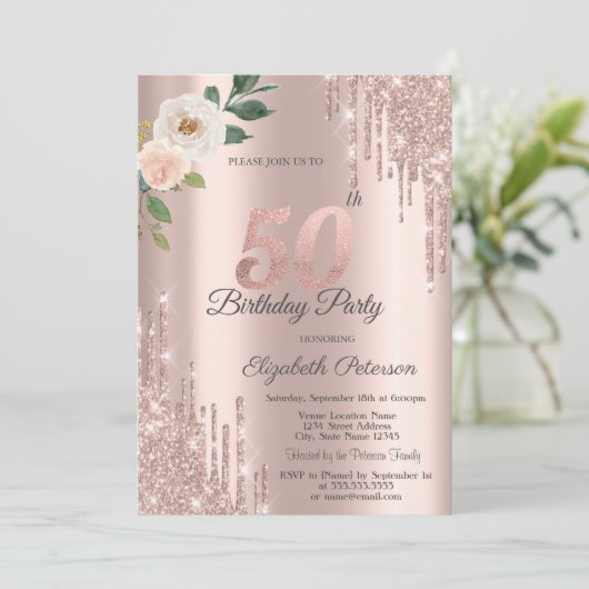 Rozen Glitter Drips Roos Gold 50e Verjaardag Kaart (Staand voorkant)