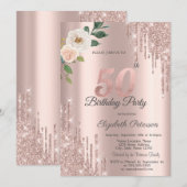 Rozen Glitter Drips Roos Gold 50e Verjaardag Kaart (Voorkant / Achterkant)