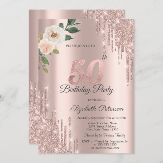 Rozen Glitter Drips Roos Gold 50e Verjaardag Kaart (Voorkant / Achterkant)