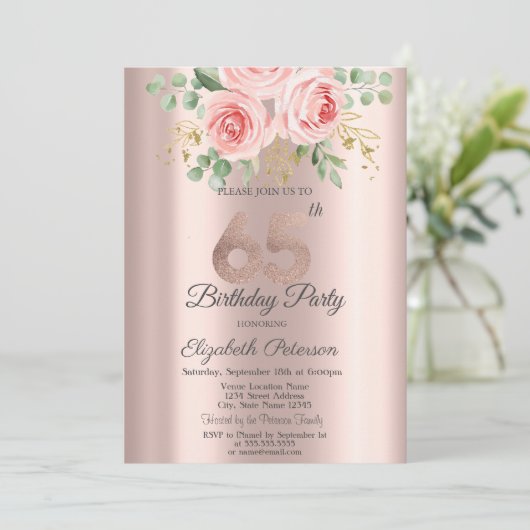 Rozen Glitter Drips Roos Gold 65e verjaardag Kaart (Staand voorkant)