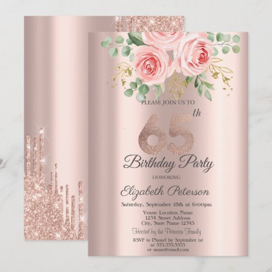 Rozen Glitter Drips Roos Gold 65e verjaardag Kaart (Voorkant / Achterkant)