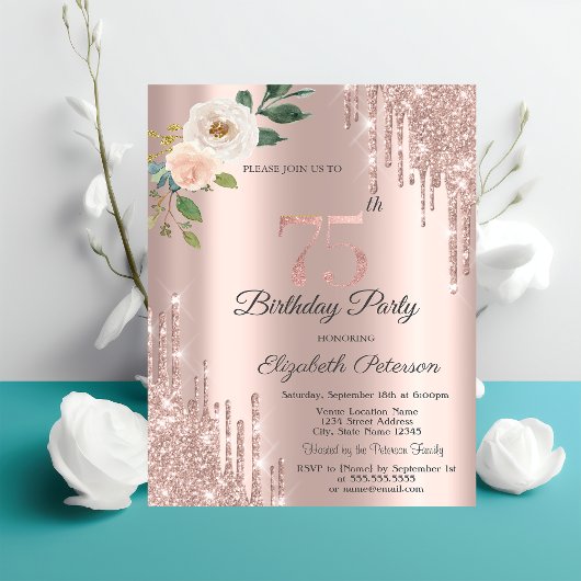 Rozen Glitter Drips Roos Gold 75e Verjaardag Kaart