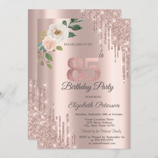 Rozen Glitter Drips Roos Goud 85e Verjaardag Kaart (Voorkant / Achterkant)