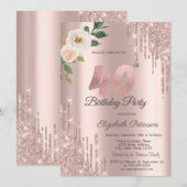 Rozen Glitter Druppels Roos Goud 40e Verjaardag Kaart (Voorkant / Achterkant)