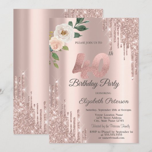 Rozen Glitter Druppels Roos Goud 40e Verjaardag Kaart (Voorkant / Achterkant)