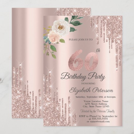 Rozen Glitter Druppels Roos Goud 60e Verjaardag Kaart (Voorkant / Achterkant)