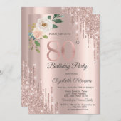 Rozen Glitter Druppels Roos Goud 80e Verjaardag Kaart (Voorkant / Achterkant)