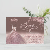 Rozen glitter pailletten roos gouden jurk kaart (Staand voorkant)