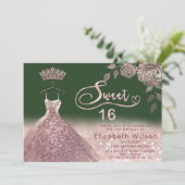 Rozen glitter sequenties roos gouden jurk groen kaart (Staand voorkant)