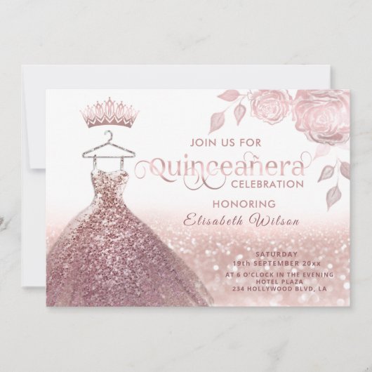Rozen glitter sequenties roos gouden jurk Quinceañ Kaart (Voorkant)