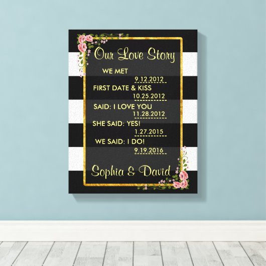 Rozen Gold Foil Black Stripes ONS LIEFDESVERHAAL Canvas Afdruk (Insitu (Houten vloer))