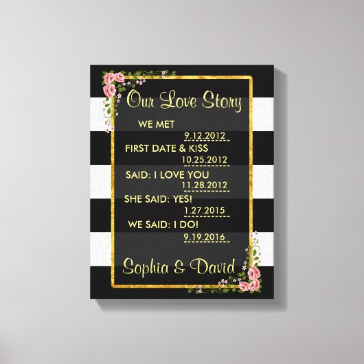 Rozen Gold Foil Black Stripes ONS LIEFDESVERHAAL Canvas Afdruk (Voorkant)