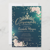 Rozen, Gold Tiara, Diamonds Green Quinceañera Kaart (Voorkant)