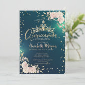 Rozen, Gold Tiara, Diamonds Green Quinceañera Kaart (Staand voorkant)