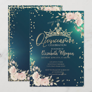 Rozen, Gold Tiara, Diamonds Green Quinceañera Kaart