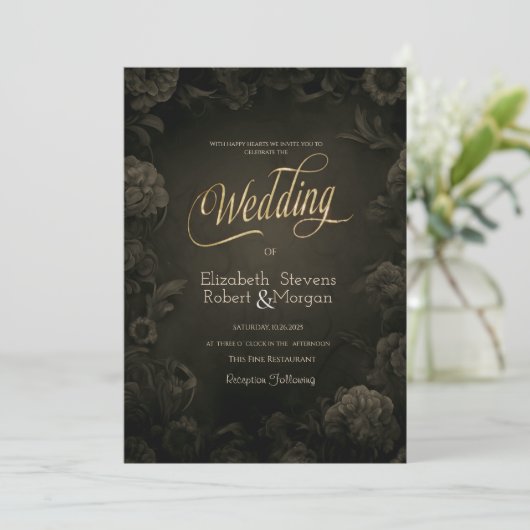  Rozen Gotische bruiloft Kaart (Staand voorkant)