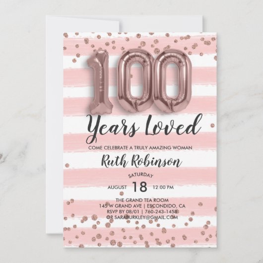 Rozen goudballonnen | 100e verjaardag uitnodiging (Voorkant)