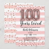 Rozen goudballonnen | 100e verjaardag uitnodiging (Voorkant / Achterkant)