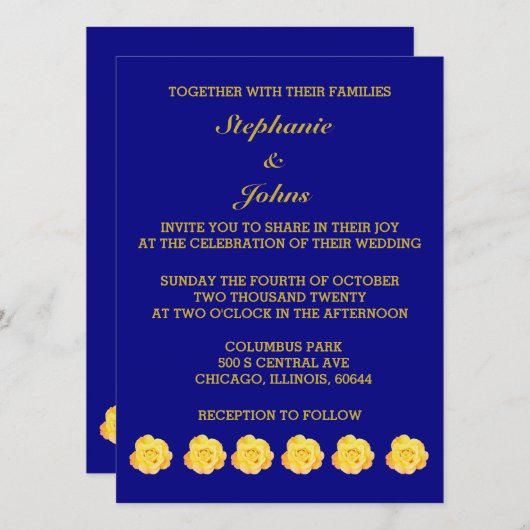 Rozen goudgeel goud marineblauw bloemenbruiloft kaart (Voorkant / Achterkant)