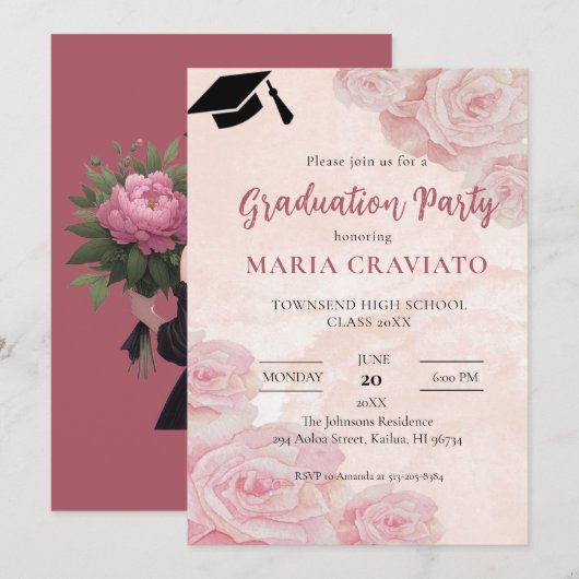 Rozen Graduation Party Invitation Kaart (Voorkant / Achterkant)