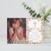 Rozen | Grassen Floral Girl Eerste Heilige Communi Bedankkaart (Staand voorkant)