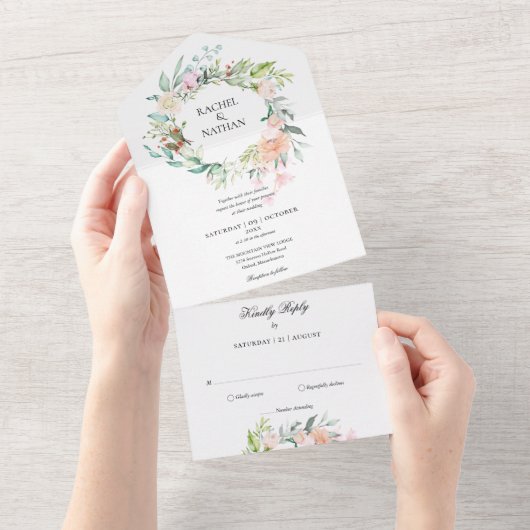 Rozen Greenery Floral Monogram Wedding All In One Uitnodiging (Afscheurbaar)