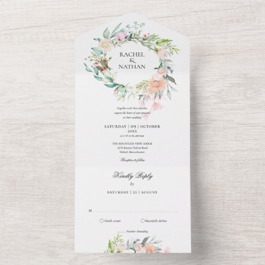 Rozen Greenery Floral Monogram Wedding All In One Uitnodiging (Binnen)