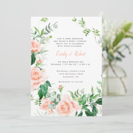  Rozen Greenery White Lattice Wedding Kaart (Staand voorkant)