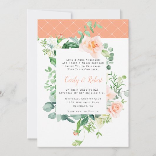  Rozen Greenery White Lattice Wedding Kaart (Voorkant)