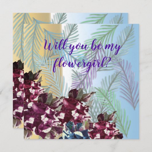 Rozen, Groene bladeren Wil je mijn bloemenmeisje k Bedankkaart (Voorkant / Achterkant)