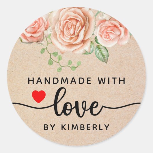 Rozen handgemaakt met Love Classic Round Sticker (Voorkant)