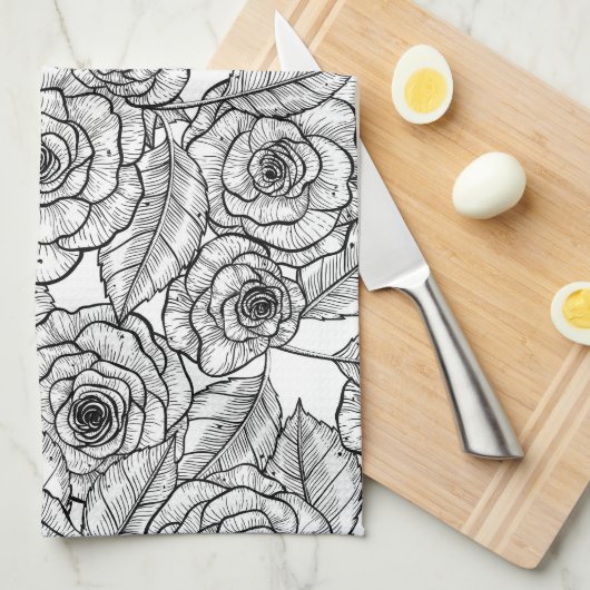 Rozen handgetekend patroon theedoek (Quarter Fold)