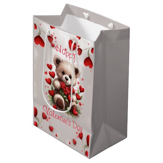 Rozen & Harten Schattige Teddybeer Valentijnsdag Medium Cadeauzakje (Voorkant Gekanteld)