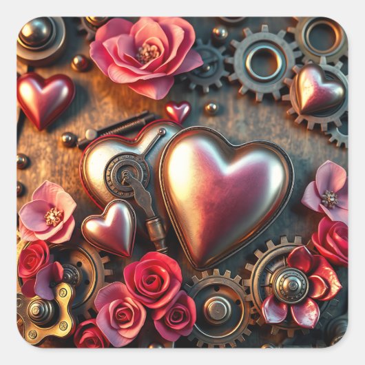 Rozen, Hearts en Metal Gears Steampunk Vierkante Sticker (Voorkant)