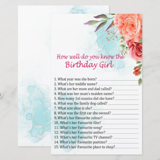 Rozen Hoe goed ken je het verjaardagsmeisje? (Voorkant / Achterkant)