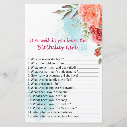 Rozen Hoe goed ken je het verjaardagsmeisje? (Voorkant)