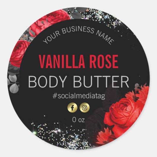 Rozen Holografische Sparkles Zwart Productlabels Ronde Sticker (Voorkant)