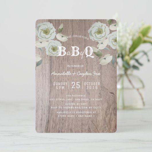 Rozen & Hout BaByQ BBQ Baby shower Uitnodiging (Staand voorkant)