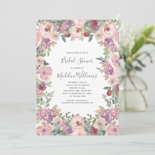 Rozen Hydrangea Bruids Douche Uitnodiging (Staand voorkant)