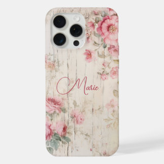 Rozen in cottage stijl op oude houten achtergrond iPhone 15 pro max case