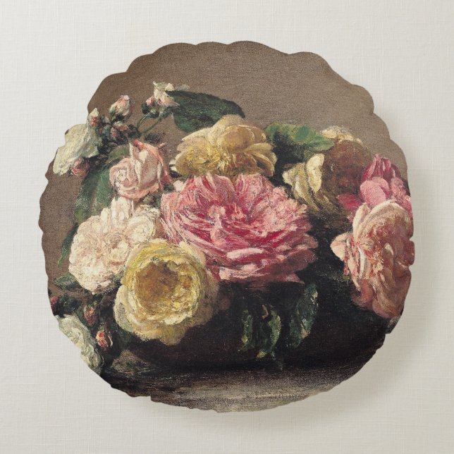 Rozen in een Dish, 1882 Rond Kussen (Voorkant)