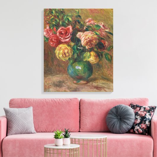 Rozen in een groene vaas van Pierre-Auguste Renoir Canvas Afdruk (Insitu (Woonkamer))