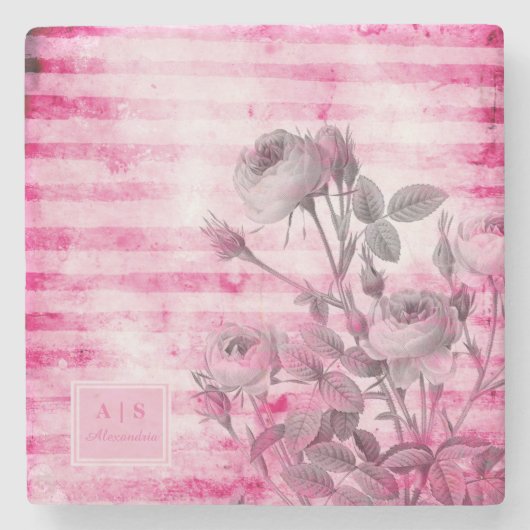 Rozen in Hot Pink Achtergrond | Floral Monogram Stenen Onderzetter (Voorkant)