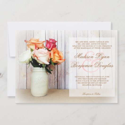 Rozen in Mason Jar Rustic Country Wedding Invites Kaart (Voorkant)