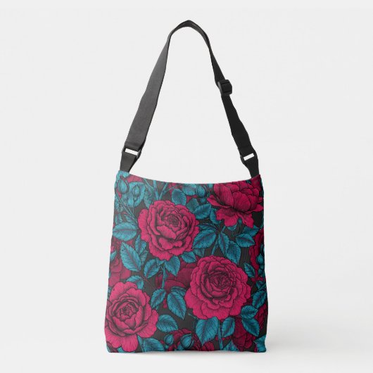 Rozen in rood en blauw crossbody tas (Voorkant)