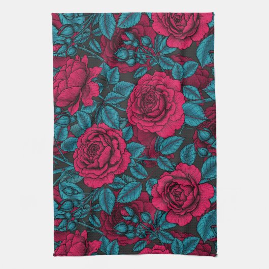 Rozen in rood en blauw theedoek (Verticaal)