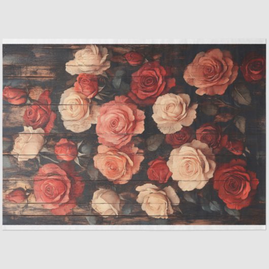 Rozen in rood en roze geschilderd op houtdecoupage tissuepapier (Voorkant)
