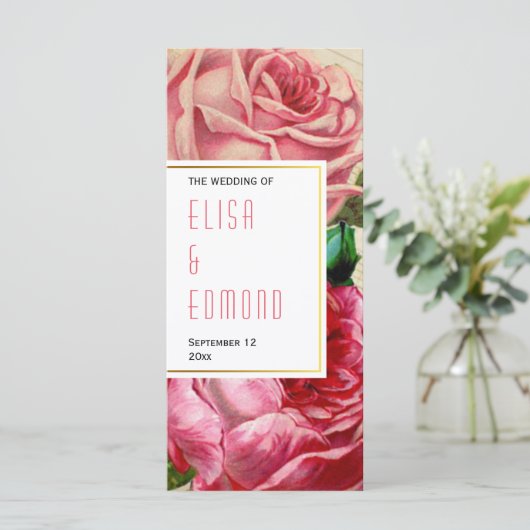  rozen in roze bloemenbruiloft programma programmakaart (Staand voorkant)