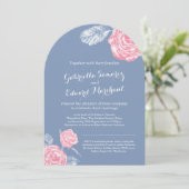 Rozen inkt schets blauw roze bruiloft kaart (Staand voorkant)